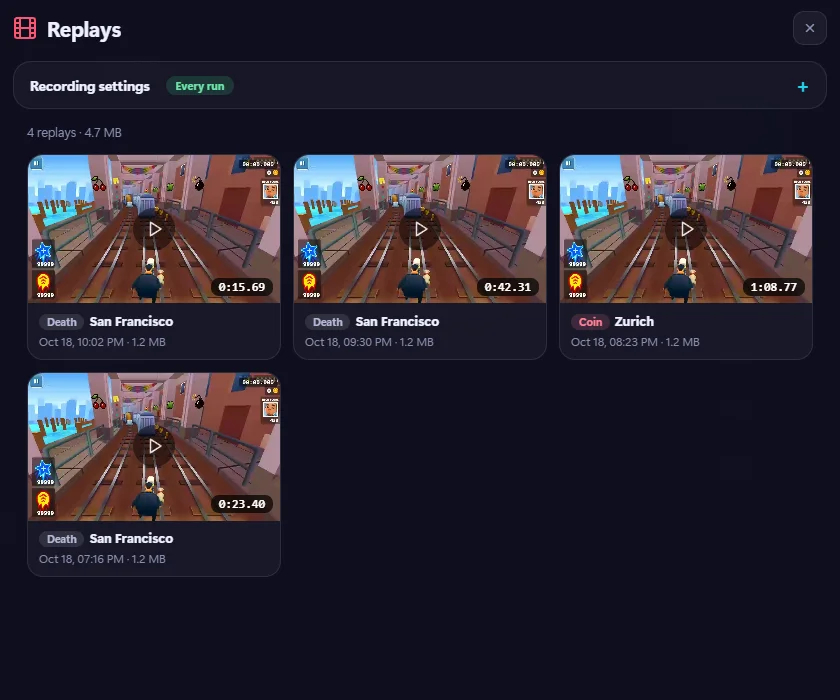 Replay list with thumbnails
